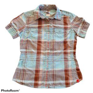 The North Face Brown and Turquoise Blue Plaid Women's Short Sleeve VaporWick Top